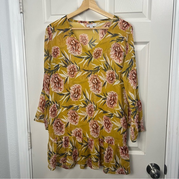 Crosstree Lane Mustard Floral Print Sheer Tunic Blouse Women’s Medium - Picture 10 of 13